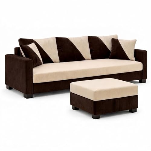 Image of Zavian 4 Seater L Shape Sofa Set with Movable Ottomans | Flexible Layout | Rich Velvet Suede Fabric | Silver Legs | Spacious Seating | Modern Sofa for Living Room (Dark Brown-Cream)