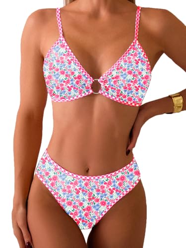 Image of Fanuerg Women's Triangle Bikini Sets O Ring Linked Two Piece Swimsuits Floral Printed Cheeky Bathing Suit