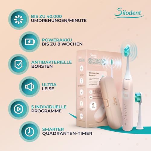 Silodent Schallzahnbürste Champagne. Testsieger-100 Tage risikofrei testen. Einzige elektrische Zahnbürste mit antiseptischen Borsten. Premium Zahnbürste, 5 Programme, Power-Batterie & Reiseetui – Bild 3