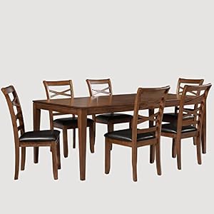 LALUZ Dining Room Table Set for 6, 7 Pieces with Chairs, Rubber Solid Wood, 60″ L