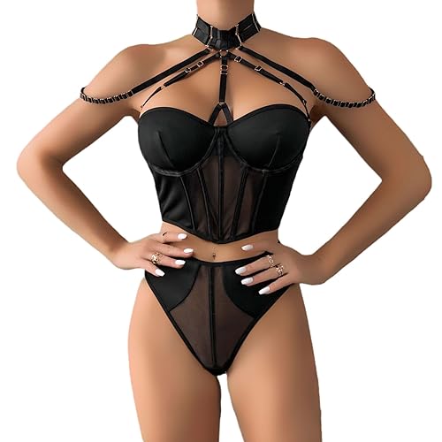 Lingerie érotique ensemble sexy mesh panels metal halterneck