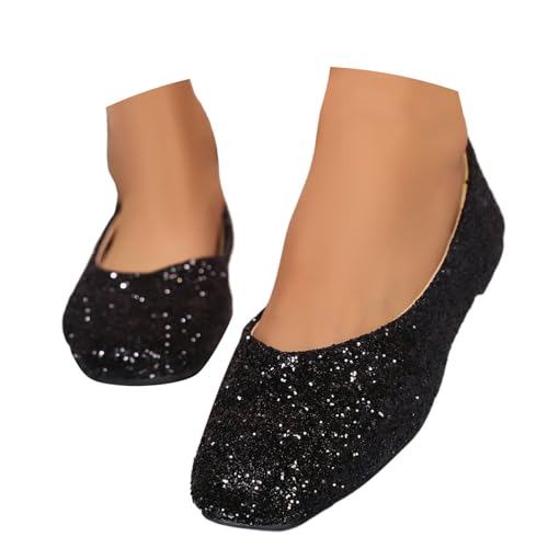 Zapatos de ballet para mujer, zapatos de baile, planos, brillantes, lentejuelas, bailarinas, zapatos de fiesta, boda, dama de honor, clásicos, bajos, antideslizantes, zapatos de novia, O negro., 38 EU