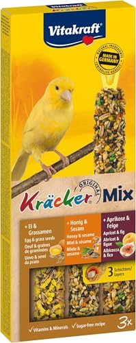 Vitakraft Kräcker Mix, Vogelsnack, Knabberstangen, mit Ei und Grassamen, mit Aprikose und Feige, mit Honig und Sesam, zur Schnabelpflege, ohne Zusatz von Zucker (1x 80g) (Packung mit 10)