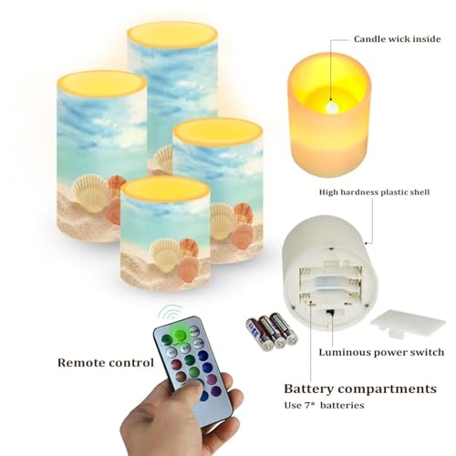 Image of Flameless Candles with Remote Control, Set of 4, Color Changing Flickering Flameless LED Pillar Candles with Battery Operated, Beach Seashell Blue Decor
