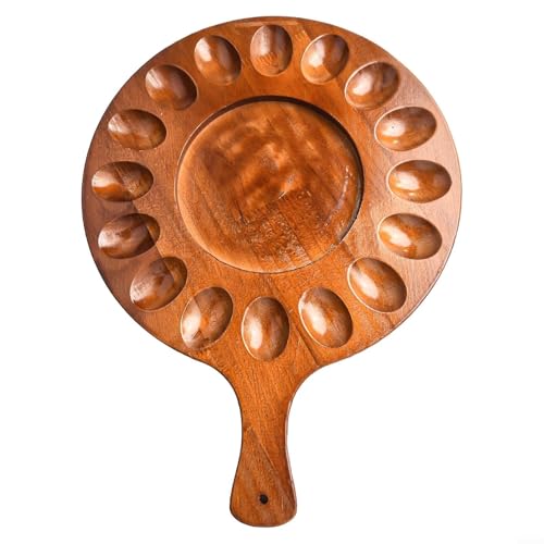 1Pc Deviled Egg Platter, Acacia Wood Egg Storage Tray, 16 Hole Round Egg Container, Multi Functional Wooden Deviled Egg Tray