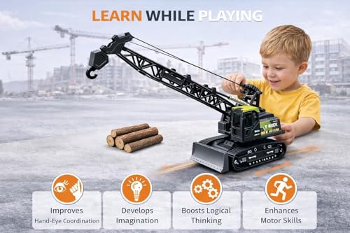Image of Prime Brands Construction Crawler Crane Toy for Kids 360 Rotating Crane Truck with Liftable Arm & Movable Hook, Push & Go Construction Vehicle, Durable ABS Crane Toy with Rubber Tracks & Timber Logs