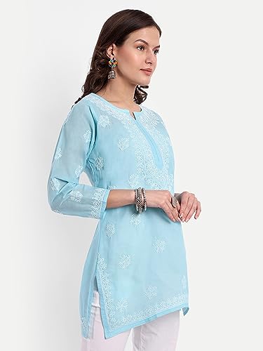 Image of Ada Hand Embroidered Lucknow Chikankari Straight Round Neck Cotton Blend Short Kurti Tunic Top for Women A911333