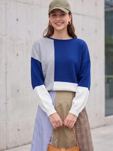 Image of ECOWISH Women Sweater Long Sleeve Color Block Knit Pullover Sweaters Crew Neck Patchwork Casual Loose Jumper Tops