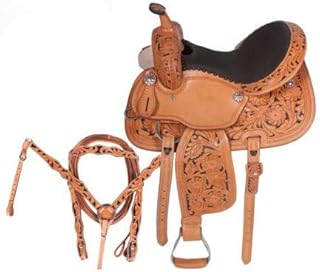 Deen, Enterprises - Silla de montar de piel para caballos de carreras de occidente para adulto, cabeza de piel a juego, cuello de pecho, riendas tamaño 35,56 cm a 45,72 cm asiento disponible