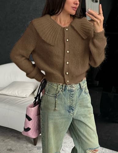 Watashi Women Long Sleeve Sweater Casual Ruffle Collar Knit Cardigan Button Up Fluffy Fall Sweaters Top2