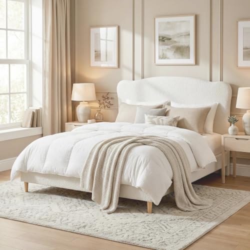 Image of GarveeHome Queen Size Bed Frame with Upholstered Headboard, Soft Low Profile Sturdy Platform Bed with Rounded Corners Design, Heavy Duty, Wooden Slats, Noise Free, No Box Spring Needed, White