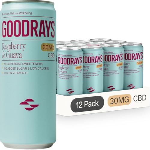 GOODRAYS CBD Drinks Sparkling Low Calorie Soft Drink Vegan Raspberry & Guava 12 x 250ml Cans Packaging May Vary