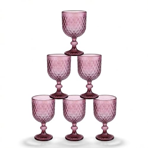 INDE SANTA CLARA | Set 6 Copas de Agua Cristal 350cc Orbel Morado, Copa Vaso Vino de Vidrio Relieve Morado, Aptas Lavavajillas y Microondas