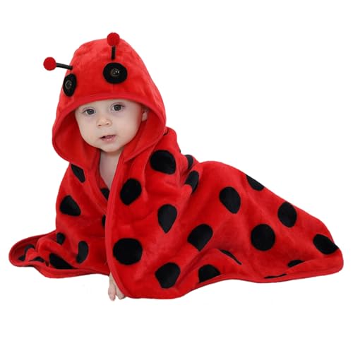 Image of TONWHAR 0-4 Years Toddlers' And Kids' Boys Girls Animal Face Hooded Blanket Baby's Bathrobe,Plush After Bath Blanket(Ladybug)