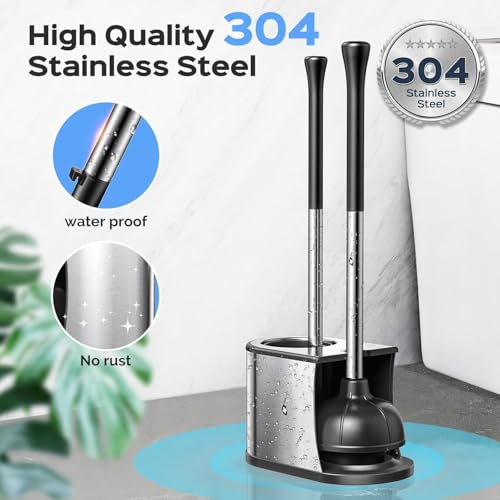 Image of HAMITOR Toilet Plunger and Brush Set: 2 Pack 2 in 1 Stainless Steel Rustproof Combo with Curved Bristles - Heavy Duty Toilet Unclogging for Family Bathroom - Compact Apartment Cleaning Accessories