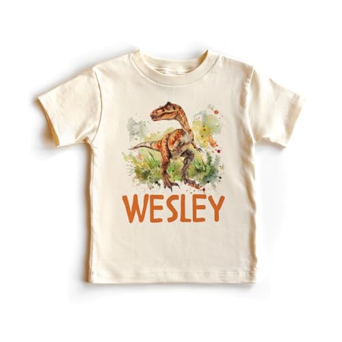 Custom Dinosaur Raptor Shirt - Personalized Kids Name Birthday Outfit For Boys & Girls - Natural Toddler Youth Tee