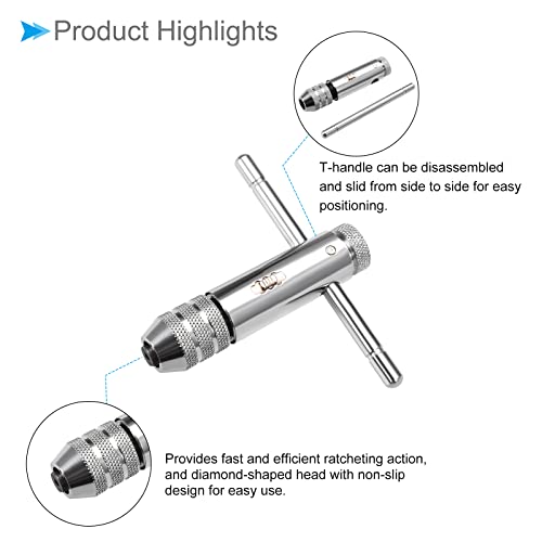 Cocud Tap Wrench Handle, Fit M3-M8 / 2Mm-9Mm Taps Size 85Mm Body, Chrome Plated T-Handle Adjustable Wrench Reamer Tapping Hand Tool - (Applications: For Hand Tapping Operations) #TOP3