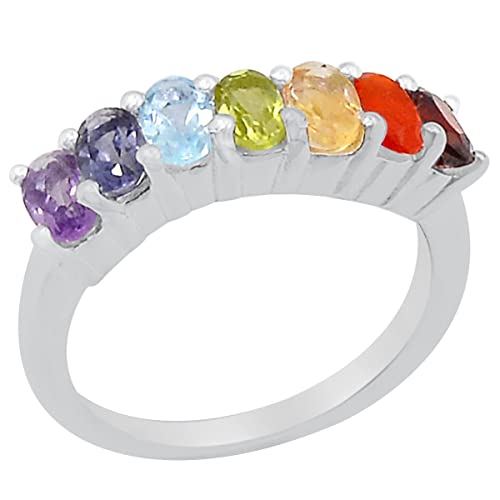 Natural Garnet Carnelian Citrine Peridot Blue Topaz Iolite Amethyst 925 Solid Sterling Silver Chakra Ring Size 5, 6, 7, 8, 9, 10 #TOP1