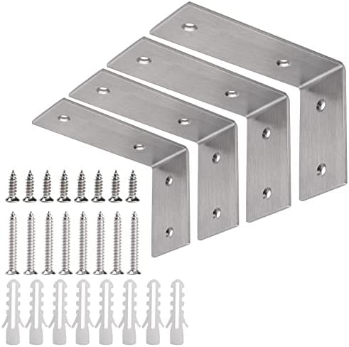 YUMORE L Brackets Heavy Duty, 5x3x1.8 Inch Stainless Steel Shelf Brackets Wall Mounted for Floating Shelves Industrial Farmhouse, Includes Hardware, Pack of 4