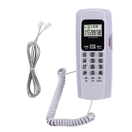 Teléfonos fijos, DTMF / FSK Mini teléfono con cable montado en la pared con identificador de llamadas Pantalla LCD Retroiluminación Función de devolución de llamada para oficina en casa Hotel(blanco)