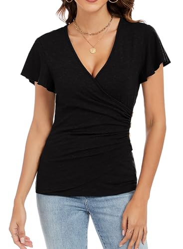 Womens Summer Sexy Deep V Neck Wrap Tops Ruffle Short Sleeve Criss Cross Ruched T Shirts Slim Fit Blouse3