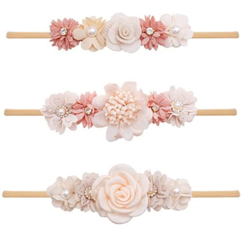 Image of BAKEFY - 3 Baby Girl Nylon Headbands Infant Flower Elastic Hair band Bows Wraps For Newborn Toddler Hair Accessories Baby Girl Bows Floral Headbands Set