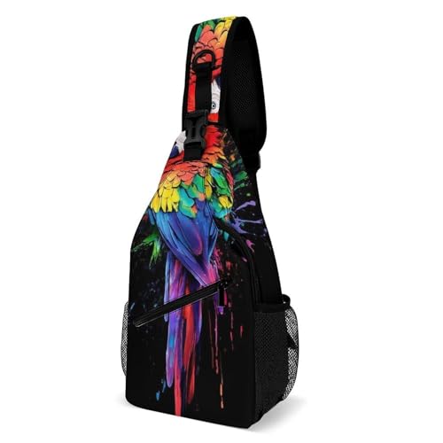 Portable Sling Bag for Travel, Women Men Funny Beautiful Parrot Splash Ink Art Large Capacity Breathable Crossbody Bags, Casual Sports Chest Bag