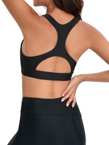 Women Racerback Sports Swim Bra High Neck Bikini Tops Black Workout Bathing Suit Padded Tops Only2