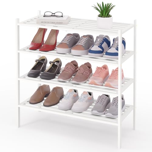 Image of Smiry Bamboo Shoe Rack, 5 Horizontal Slats, 4 Tier - 26.8 inch Wide, White