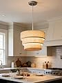 3-Tier Linen Drum Chandelier, Modern Ceiling Pendant Lights Fixture E26, Round Adjustable Suspension Hanging Lamp for Dining Room, Fabric Lampshade Chandelier for Kitchen Island, Living room, etc.