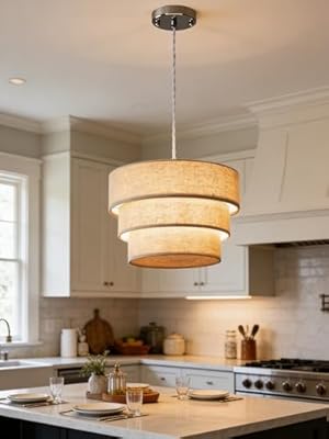 3-Tier Linen Drum Chandelier, Modern Ceiling Pendant Lights Fixture E26, Round Adjustable Suspension Hanging Lamp for Dining Room, Fabric Lampshade Chandelier for Kitchen Island, Living room, etc.