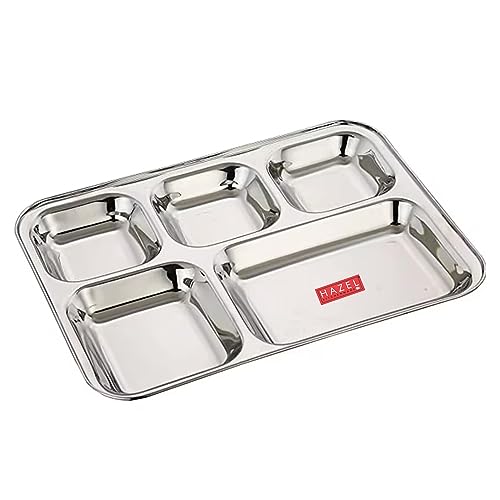 Image of HAZEL Stainless Steel 5 Compartment Mess Plate | Rectangle Bhojan Thali with Square Holes, Set of 1