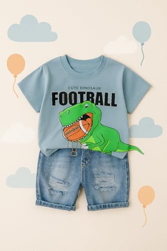 Image of Bold N Elegant Kids Dinosaur Football Cotton Half Sleeve T-Shirt with Denim Shorts Set for Infant Toddler Baby Boys Girls