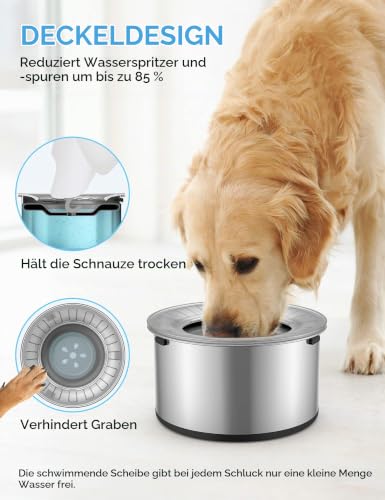 Heouvo 3,8L Großer Hundenapf ohne Verschütten, 【Anti-Schaufel-Deckel & Gummiboden】 Auslaufsicherer Napf, Spritzwasserfest, Tropffrei, Langsames Trinken aus Edelstahl für Wilde Trinker & Auto