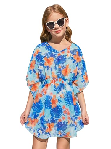Image of Haloumoning Girls Chiffon Swim Beach Cover Up Kids Cute Elastic Waist Printed Bathing Suit Coverups 5-14 Years