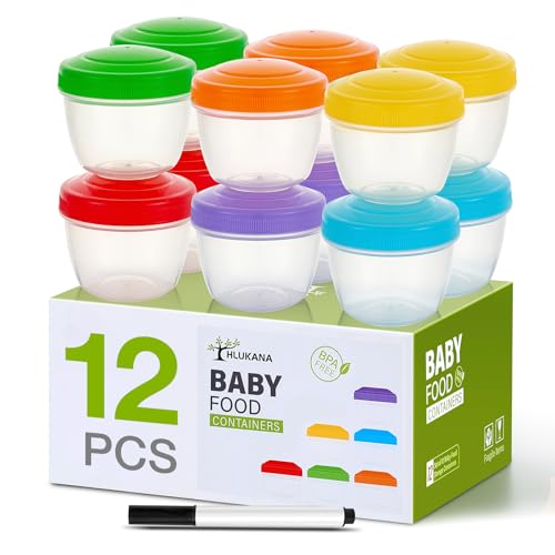 Image of Hlukana 12 Pack Leakproof Baby Food Storage Containers, 4 oz Plastic Baby Food Jars with Lids, Reusable Small Baby Food Jars, Lock in Freshness, Freezer & Dishwasher Safe, BPA Free, Snack Container