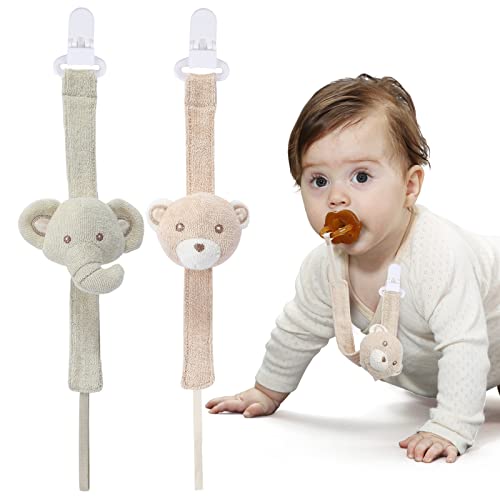 Image of COTTONBEBE Pacifier Clip, 2 Pack Baby Pacifier Holder for Boys and Girls Fits Many Pacifiers & Baby Teething Toys, Ideal Baby Gift (Elephant & Bear)