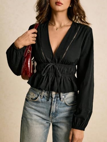 Image of Shasmi Women's Solid Deep V Neck Cotton Long Bishop Sleeve Drawstring Waist Ruffle Hem Peplum Top | Blouse | Casual Boho Cottagecore Shirt for Office, Vacation & Daily (Top 304)
