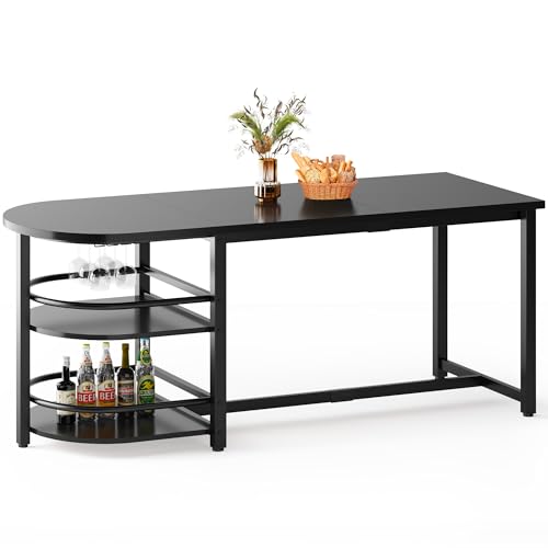 soges 70.9 inch Large Dining Table for 4 to 6, Kitchen Dinner Table with Storage Shelf & Cup Holder, Metal Legs for Dining Room, Home Office, Living Room Furniture, Black
