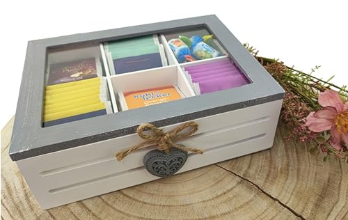 MC-Trend Caja de té para bolsitas de té, 6 Compartimentos de Madera/Vidrio con un Bonito diseño Vintage