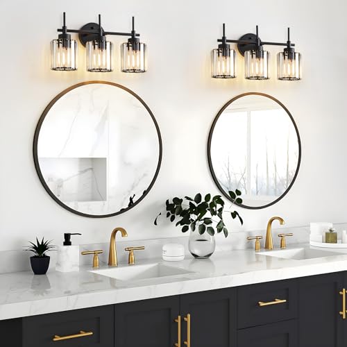 Image of EJIAXIN 3 Light Black Crystal Vanity Light, Modern Bathroom Vanity Light Over Mirror, Up and Down Mount Wall Sconce Lighting for Bathroom Bedroom Living Room Hallway