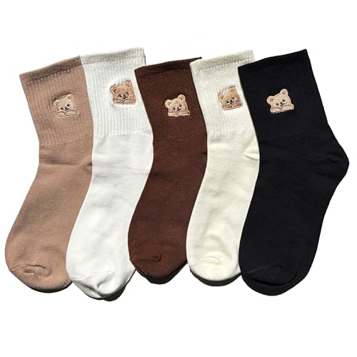 5 Pairs Women's Cute Bear Embroidered Crew Socks, Soft Cotton, Black, White, Brown - Cozy Animal Design, Casual Fashion Socks for Autumn & Winter