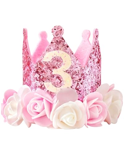 HUVZOR 3 Anno Corona Compleanno Bambina, 3 Anno Fascia Tiara Corona da principessa Cerchietto Bambina con fiore di rosa artificiale Decorazioni per feste Compleanno, Carnevale