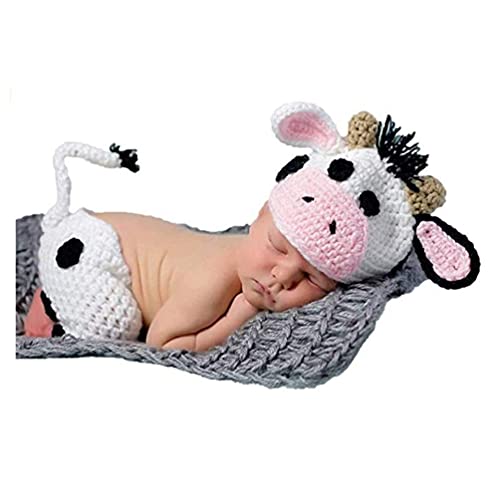 Image of Newborn Baby Photography Shoot Props Boy Outfits Crochet Knit Cattle Cow Hat Shorts Photo Props