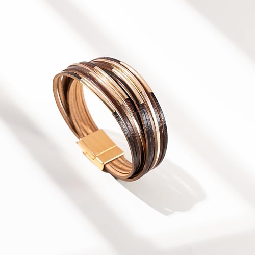 FANCY SHINY Boho Leather Bangle Bracelets Stackable Noodle Tube Bracelets Layered Wrap Cuff Bracelets with Magnetic Clasp4