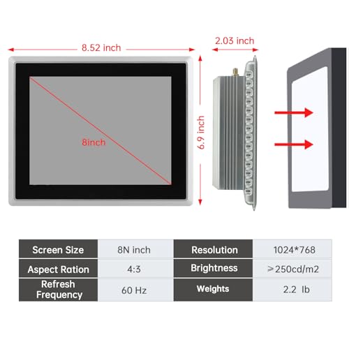 Image of 8-Inch Industrial Embedded Panel PC, Ratio 4:3 Multi-Touchscreen-Monitor,Industrial Touch Screen Panel Computer,WiFi & Built-in Speakers,IP65 Front,Win 10 I5 RAM 4G+128G SSD