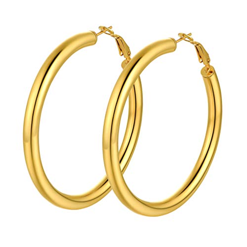 Image of Stainless Steel Chunky Hoop Earrings For Women, Minimalist and Chic, Black /Gold Plated, Round Hoops Earrings Hypoallergenic, Size: 30mm /40mm /60mm /80mm, Come with Box