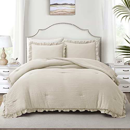 Home Bed Bedding Comforter Set - 3 Pieces King Comforter Set, Farmhouse Bedding Set With Ruffle Bed Comforter & Ruffle Pillows Shams(King Size Wheat) #TOP1