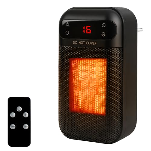 Mini Estufa Calefactor Eléctrico de Enchufe, 500W Calefactor Cerámico de Enchufe con Control Remoto Calefactor Enchufe con Temporizador de 12h y Pantalla Calentador de Enchufe para Baño (Negro)