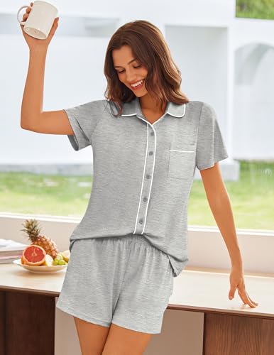 Image of Ekouaer Womens Pajama Sets Button Down Lounge Set 2 Piece Loungewear Soft Sleepwear Short Sleeve Pjs with Pockets